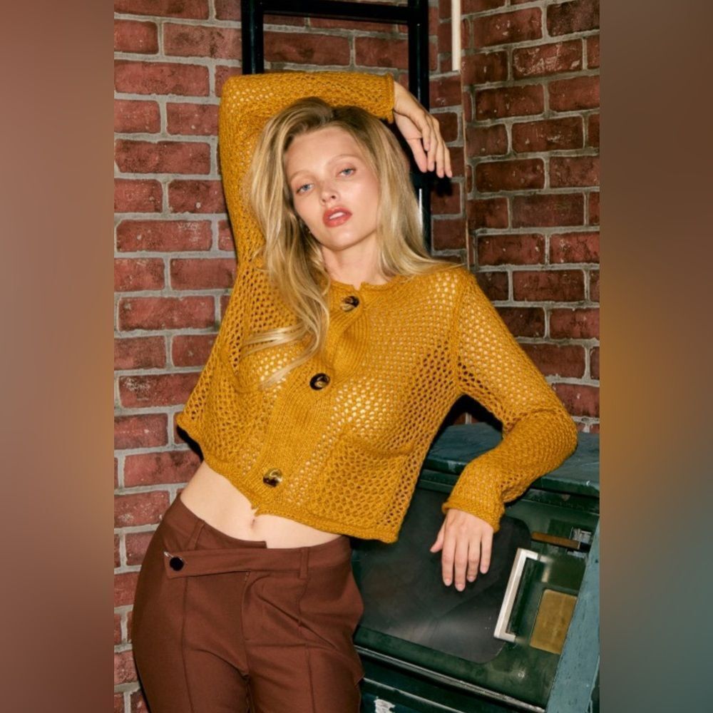 Crochet Mustard Yellow Knit Cardigan